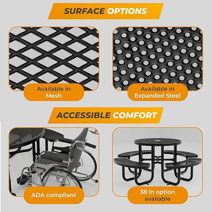 Metal Picnic Tables for Outdoors with Umbrella Hole - Coated Steel Heavy Duty Commercial Grade Table with Adjustable Seats (Black, 46 in, Round, Expanded Steel) by GreenHaven Gardens