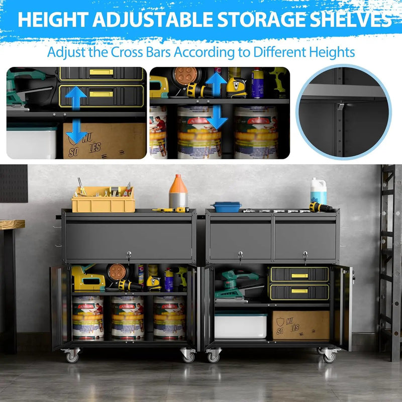 Metal Garage Storage Cabinet with Wheels and Pegboard, 35.4" H Lockable Tool Storage Cabinet with One Drawer, Adjustable Shelf and 4 Hooks for Garage, Warehouse, Black by GreenHaven Gardens