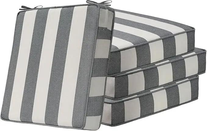 Square Corner Seat Cushions, 19" x 19" x 3", Set of 4, Indoor Outdoor Water Repellent Universal Chair Pads with Ties for Patio Furniture, Garden Deck Dining Chairs, Gray Stripe by GreenHaven Gardens