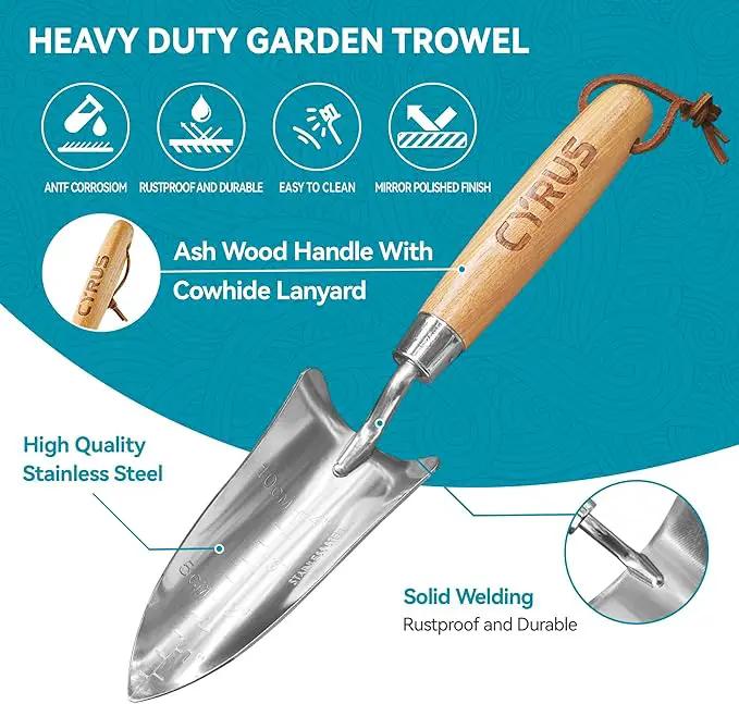 CYRUS 12.4”Garden Shovel,Heavy Duty Small Stainless Steel Garden Trowel with Ash Wood Handle,Suitable for Planting,Measuring,Weeding Multi-Purpose Garden Spade by GreenHaven Gardens