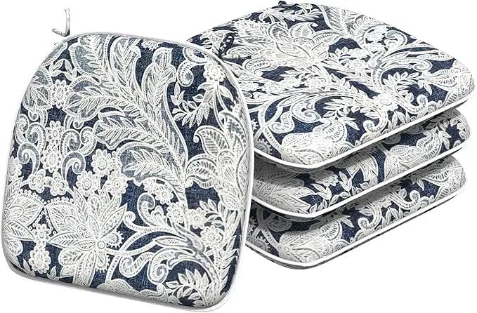 Indoor/Outdoor Chair Cushions 16x17 Inch, Patio Chair Cushions with Ties, All Weather Seat Cushions for Patio Furniture Home Garden Chair Use, Set of 4,Damask Lapis by GreenHaven Gardens