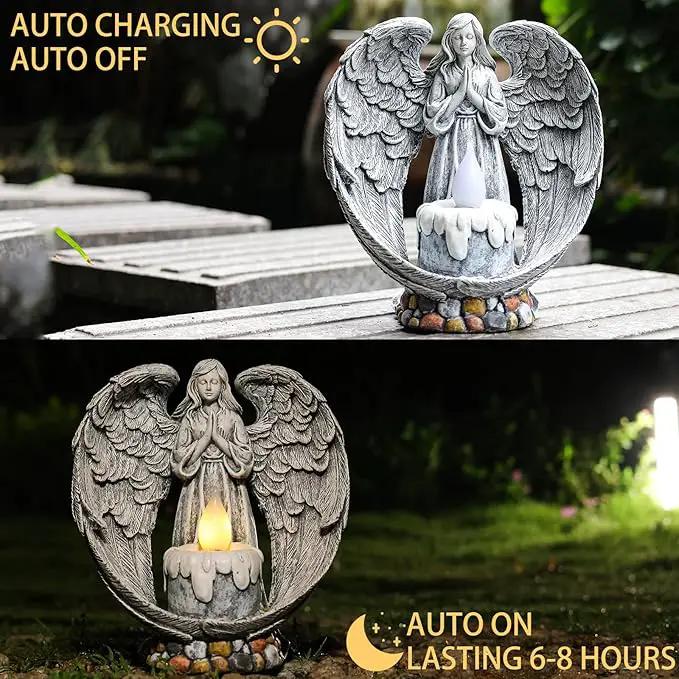 Angel Garden Statues Outdoor Cemetery Decorations for Grave Take The Cross Praying Wings Angel Figurine Cemetery Lights Patio Lawn Yard Porch Decorations 10.24 Inch by GreenHaven Gardens