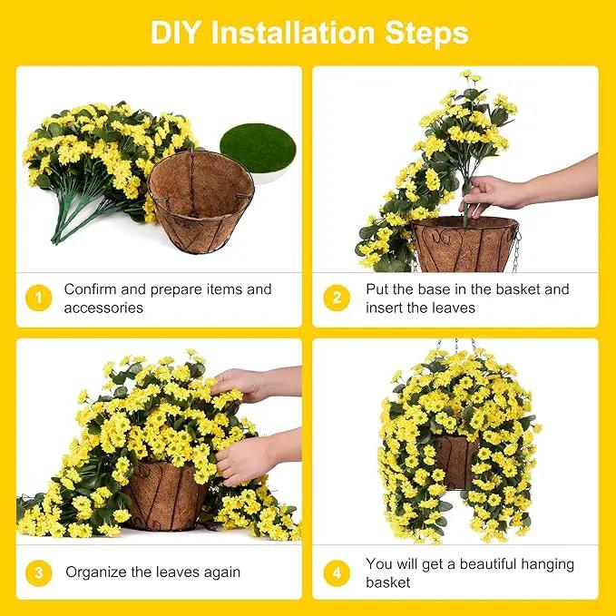 NXUGAO Artificial Flowers with Hanging Basket for Outdoors Indoors Decor, Faux Silk Chrysanthemum Plants in Baskets for Home Decoration Garden Yard Patio, 4 Bundles with 1 Basket by GreenHaven Gardens