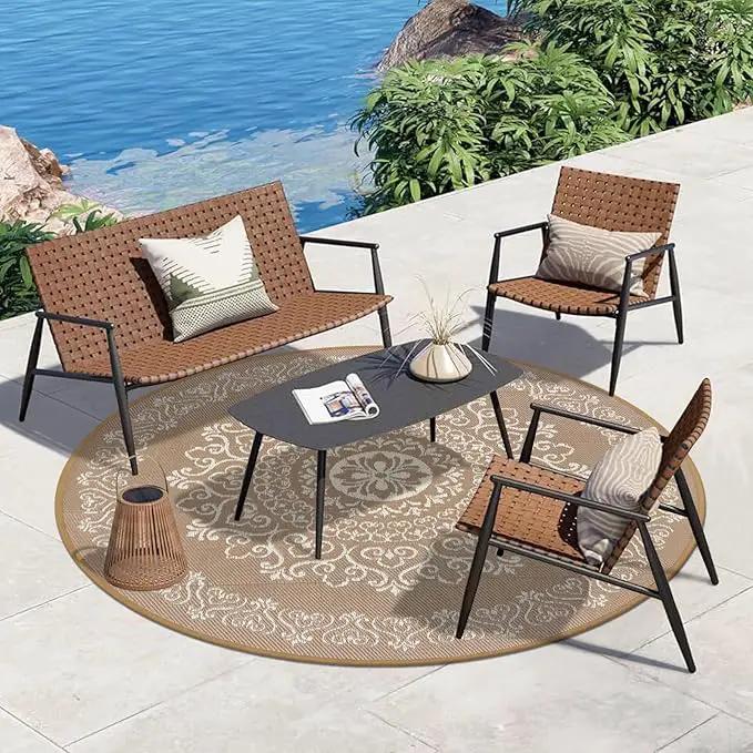 Pauwer Waterproof Outdoor Rug 6ft, Reversible Plastic Straw Patio Camping Rug, Indoor Outdoor RV Mat Carpet for Deck, Camper, Porch, Balcony, Backyard, Picnic, Floral Brown by GreenHaven Gardens