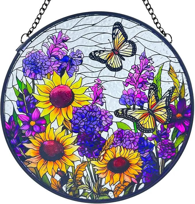 Butterfly Sunflower Stained Glass Suncatchers - Handcrafted Round Glass Art for Windows & Doors Décor - Decoration for Home Garden Christmas Party Wedding Housewarming Gifts by GreenHaven Gardens
