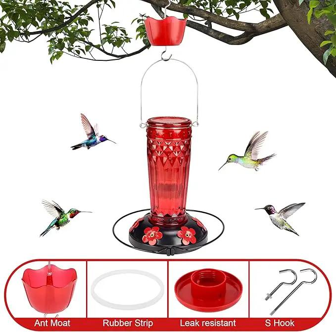 Hummingbird Feeder-16 Ounces，6 Feeding Ports Glass Hummingbird feeders for Outdoors,Wide Mouth for Easy Filling/Cleaning，Hanging for Garden Backyard Decor, Includes Ant Moat (Red) by GreenHaven Gardens