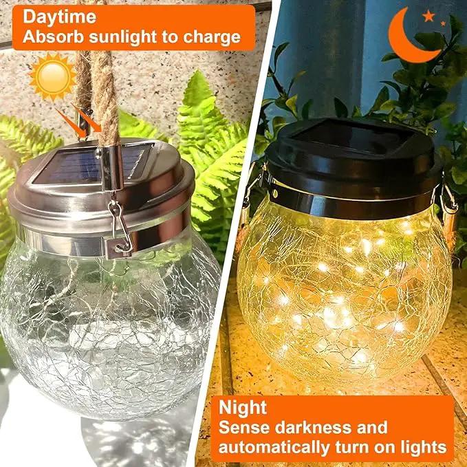 Solar Crackle Glass Hanging Lanterns, 5.5 in Height, IP65 Waterproof, 30 LED Lights, 2-Pack, Warm White by GreenHaven Gardens
