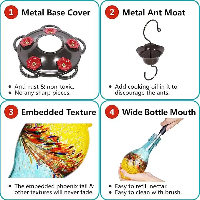 LUJII Hand Blown Glass Hummingbird Feeder for Outdoors with Ant Moat, Leak Proof & Rustproof, 25 fl.oz, Metal Base Cover with 5 Feeding Ports & Perches, Glass Art for Garden Decor (Blue Mixed Yellow) by GreenHaven Gardens