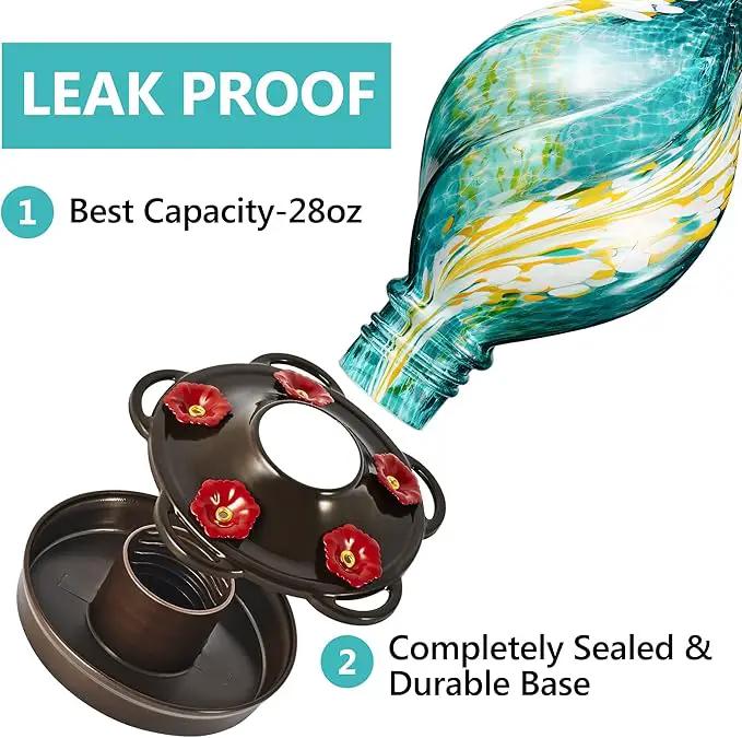 LUJII Ice Cream Shaped Spiral Hummingbird Feeder for Outdoors Hanging, Hand Blown Glass, 28 fl.oz, Leak Proof & Rustproof, Includes an Ant Moat with Hook, Unique & Stylish Glass Art & Decor (Teal) by GreenHaven Gardens