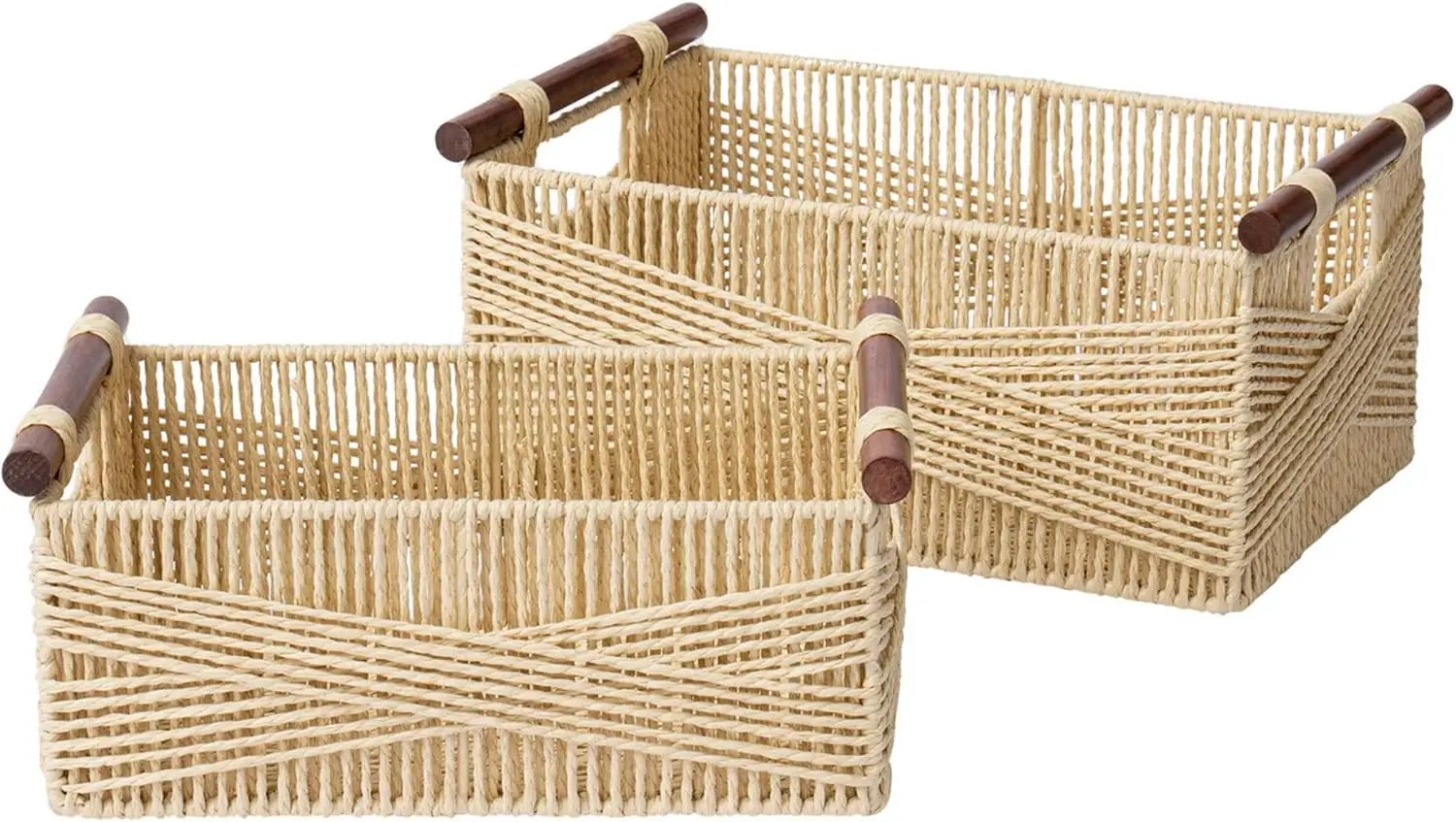 LA JOLIE MUSE Wicker Storage Baskets for Organizing, Recyclable Paper Rope Basket with Wood Handles, Decorative Hand Woven Basket Organizers for Makeup Books Shelves Living Room, Beige, Set of 2 by GreenHaven Gardens