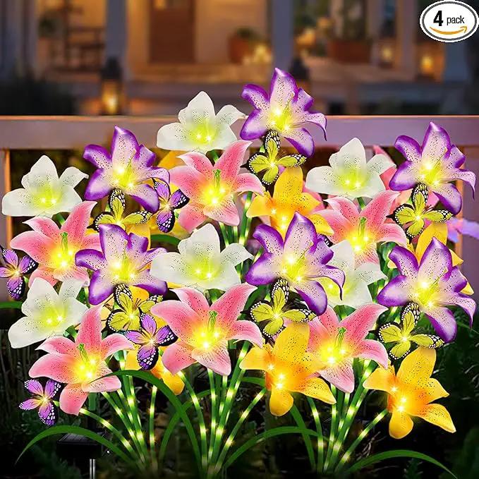 Solar Garden Lights 4 Pack 16 Lily Flowers with Butterfly Decor, Waterproof Solar Flower Lights for Outdoor - Upgraded Decorative Lilies for Yard, Patio, Pathway Decorations & Gardening Gifts by GreenHaven Gardens