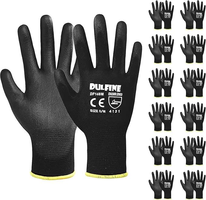 DULFINE Ultra-Thin PU Coated Work Gloves-12 Pairs,Excellent Grip,Nylon Shell Black Polyurethane Coated Safety Work Gloves, Knit Wrist Cuff,Ideal for Light Duty Work. (Medium) by GreenHaven Gardens