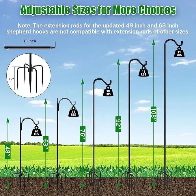 FEED GARDEN Adjustable Shepherd Hook Bird Feeder Pole with 7 Prongs Base, 108 Inch Tall 5/8 Inch Thick, Heavy Duty Outdoor Garden Poles for Hanging Bird Feeders, Plant Baskets, Black (2 Pack) by GreenHaven Gardens