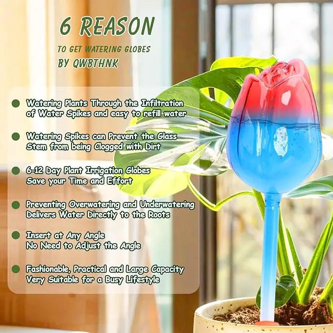 Plant Watering Globes Tulips, 4 Pcs Glass Self Watering Globes, Self Watering Planter Insert with Watering Spikes ,Automatic Plant Watering Devices,Large Watering Bulbs for Indoor & Outdoor Plants by GreenHaven Gardens