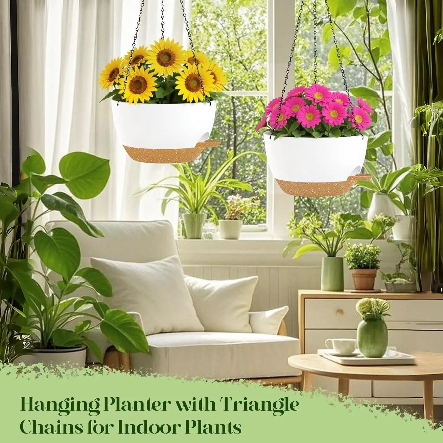 10 Inch Hanging Planters with Chains 2 Pack Self Watering White Brown Plastic Hanging Pots for Indoor Outdoor Plants, Garden Porch Home Decor (White Brown) by GreenHaven Gardens
