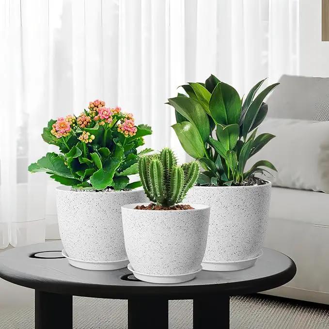Large Flower Pots 12/10/9 inch, Set of 3 Modern Decorative Plastic Planters with Drainage Holes and Saucers for Garden House Plants, Plant Pots for Indoor Outdoor Plants, Speckled White by GreenHaven Gardens