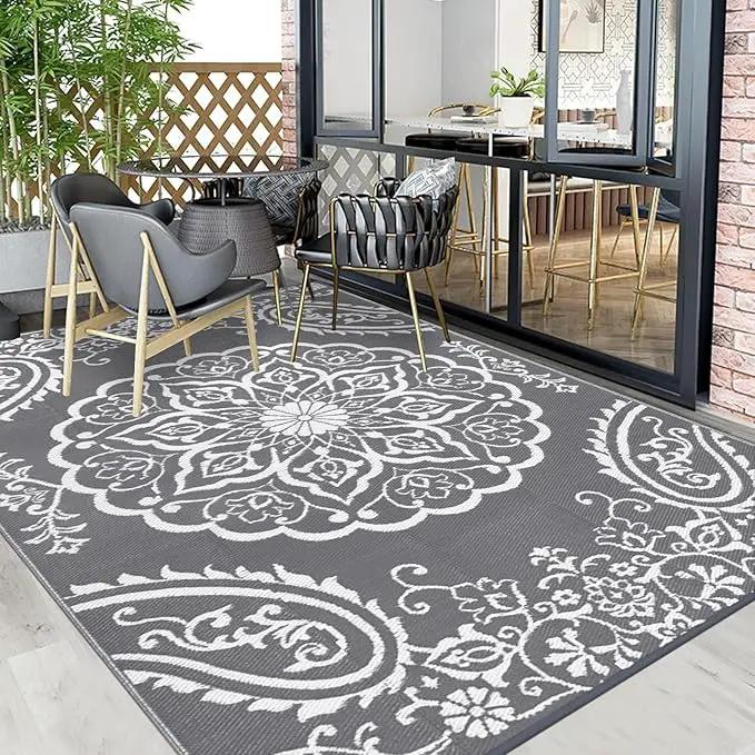 Pauwer Waterproof Outdoor Rug 10x14, Reversible Plastic Straw Patio Camping Rug, Indoor Outdoor RV Mat Carpet for Deck, Camper, Porch, Balcony, Backyard, Picnic, Boho Grey by GreenHaven Gardens
