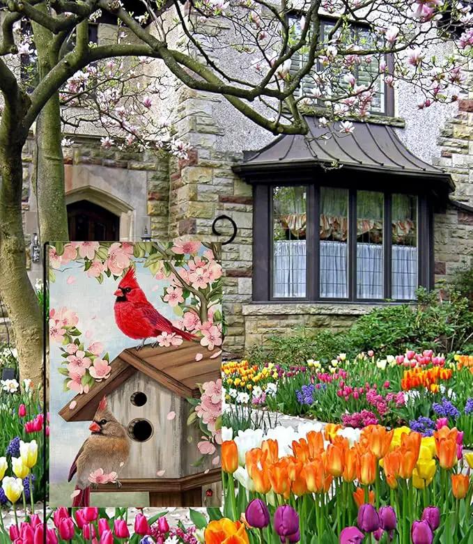 BLKWHT Spring Cardinal Bird Garden Flag 12x18 Vertical Double Sided Pink Flowers Tree Summer Farmhouse Holiday Outside Decorations Burlap Yard Flag BW792 by GreenHaven Gardens