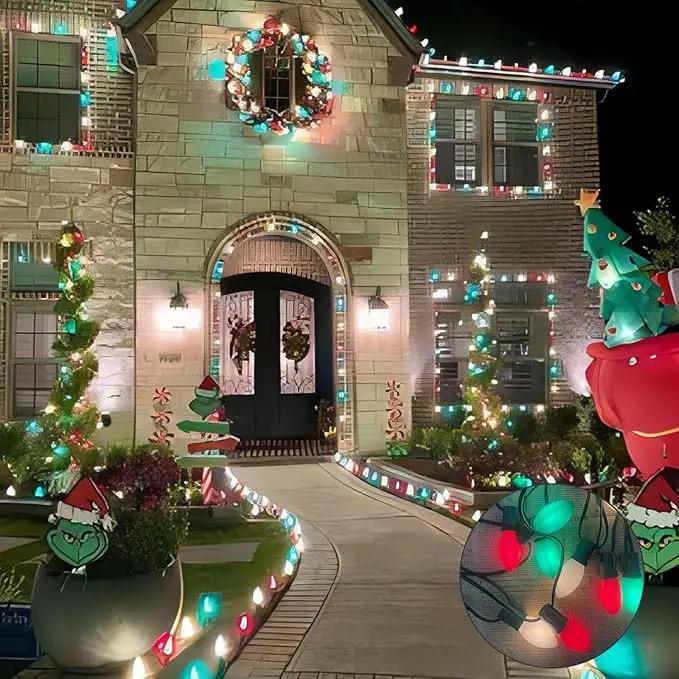 25Ft Red, White, and Green C9 Outdoor Christmas Lights with 26 Incandescent Bulbs (1 Spare), Extendable C9 Christmas String Lights for Tree, Roofline by GreenHaven Gardens