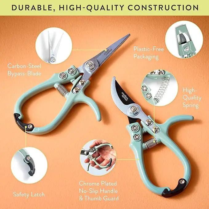 Modern Sprout Hand Pruners & Shears Set - Lightweight Gardening Tools W/Easy Lock - Sharp Carbon Steel Blades -Rust Resistant Scissors for Herbs, Flowers - Reusable Holster - Sage by GreenHaven Gardens