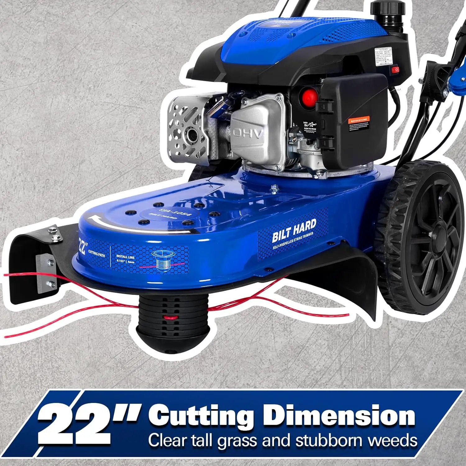 BILT HARD Self-Propelled Walk Behind String Trimmer, 8-Position Cutting Height, 170cc 4-Cycle Gas Brush Hog Mower, 22'' Cutting Diameter, 10'' Flat Free Wheels, Brush Cutter for Lawn, Yard by GreenHaven Gardens