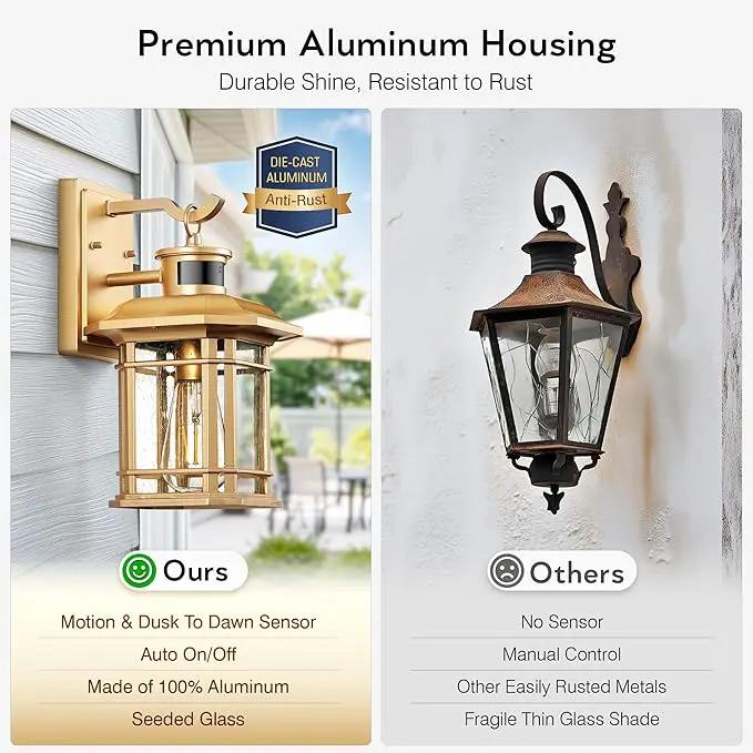 VIANIS Motion Sensor Exterior Lights for House, 2 Pack Dusk to Dawn Outdoor Lighting, Gold Outdoor Sconce Lantern, Waterproof, Weather Resistant Porch Lights Outside for House, Garage, Front Door by GreenHaven Gardens