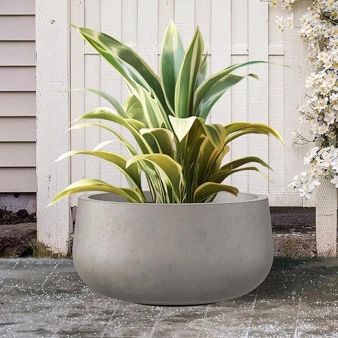 Kante 19.6" Dia Round Concrete Planter, Cement Plant Pots with Drainage Hole and Rubber Plug for Outdoor Indoor Garden Home, Modern Curvaceous Design, Weathered Concrete by GreenHaven Gardens