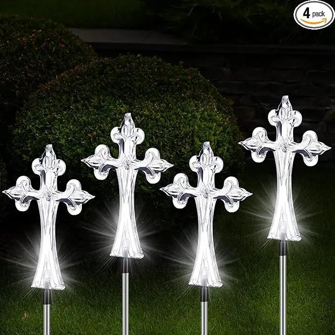 Riakrum 4 Piece Solar Cross for Cemetery Grave Grave Crosses for Cemetery Memorial Stake Solar Lights Waterproof Outdoor Garden Stake Cemetery Cross for Grave Yard Decorations, 16 Inches Long by GreenHaven Gardens