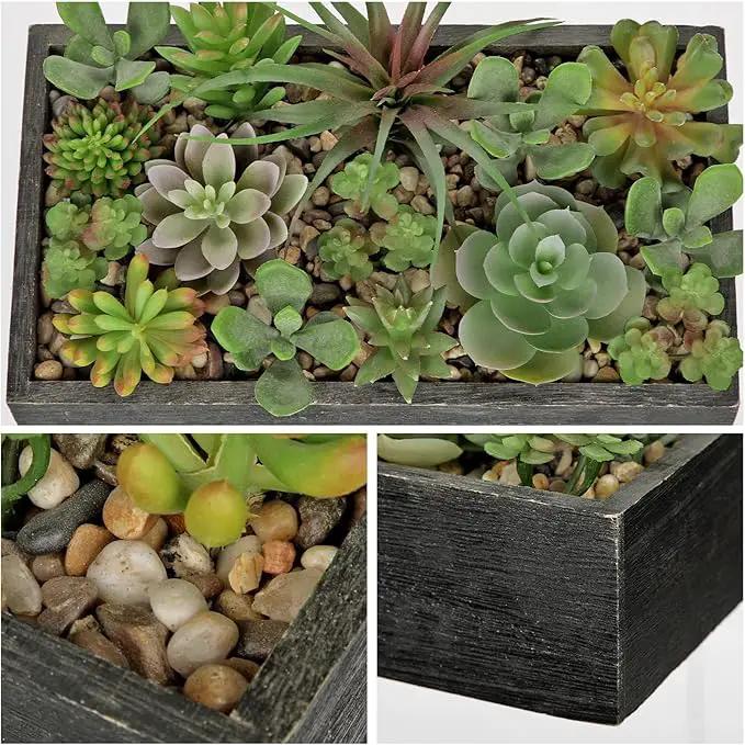Artificial Succulent Plants in Pot 10 Inch Fake Succulent Arrangement Potted Succulents Plants Centerpiece in Rectangular Wooden Planter for Home Office Desk Shelf Living Room Bedroom Farmhouse Decor by GreenHaven Gardens