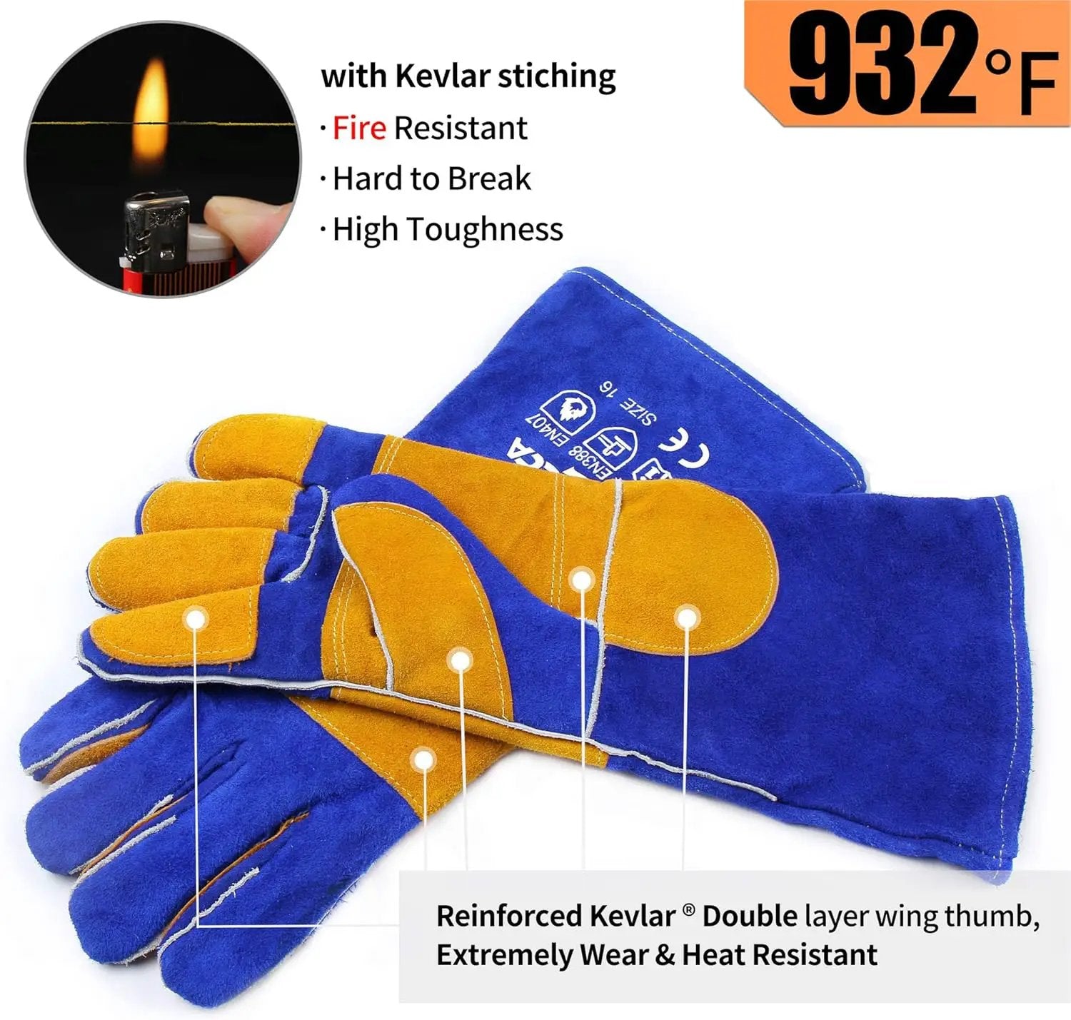 Welding Gloves Fire Heat Resistant: Blue 16IN 932℉ - Fireproof Leather For Stick Mig Flux-Core Welder Forge Blacksmith Fireplace Wood Stove Fire Pit Grill Oven Furnace Handling Dry Ice - Birthday Gift by GreenHaven Gardens