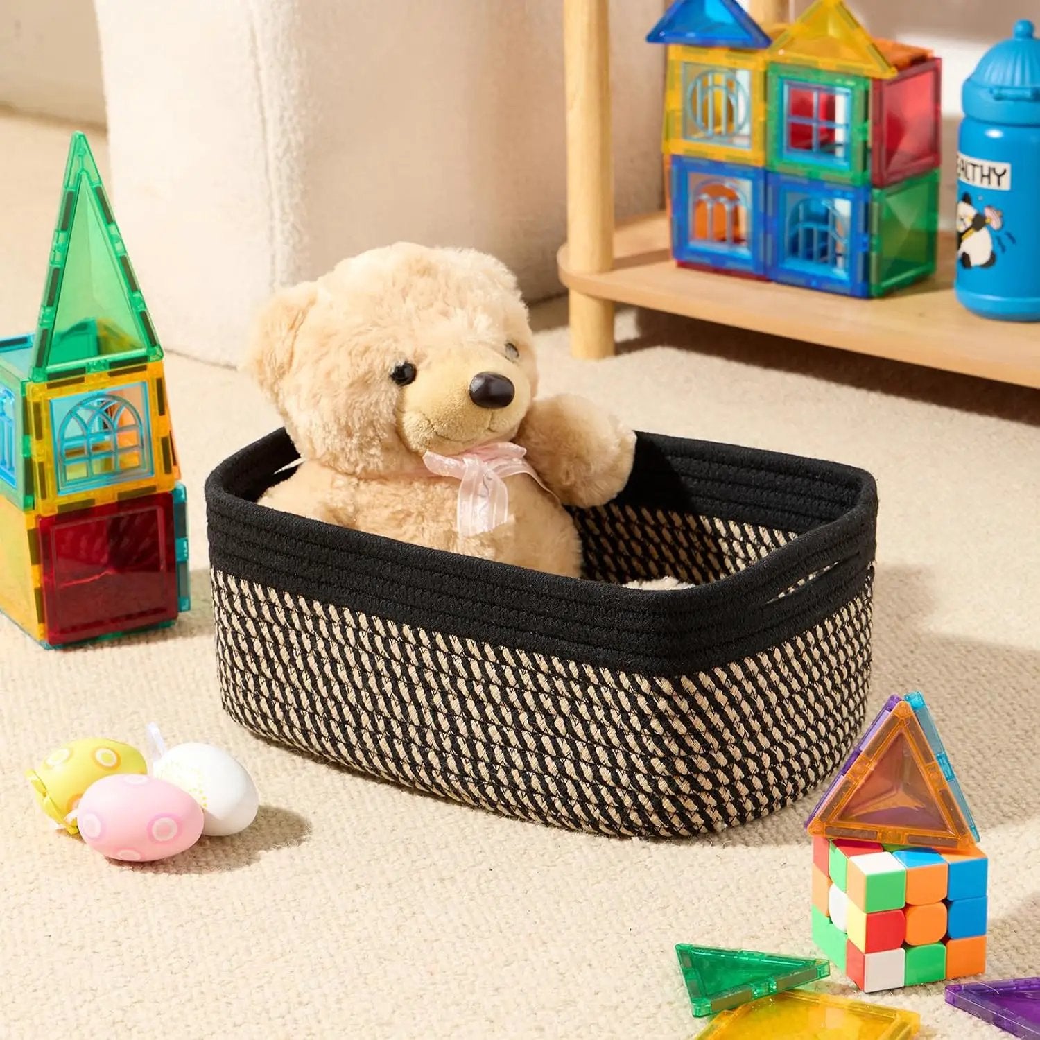 Small Storage Baskets for Organizing | Closet Organizer Bins | Shelf Toy Basket | Woven Rope Baskets | Cube Decorative Box | Shallow Basket | 13x8.5x5.1” | 4 Packs Black Brown by GreenHaven Gardens