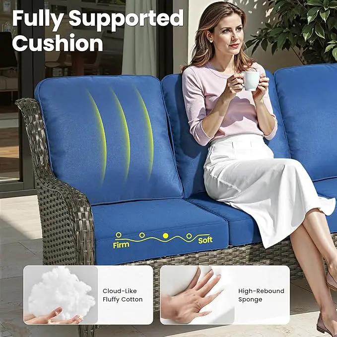 ovios 6 Pieces Patio Furniture Set, Outdoor Wicker Sofas with Glass Coffee Table and Comfy Cushions, All Weather High Back Couch Set for Deck Porch, Brown Rattan, Navy Blue by GreenHaven Gardens