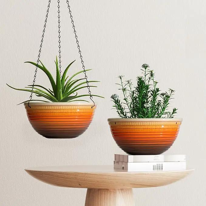 12 inch Hanging Planters for Indoor Outdoor Plants, 2 Pack Large Hanging Flower Pots with Drainage Holes and Chain, Glazed Hanging Baskets for Home Garden Decoration, Orange by GreenHaven Gardens