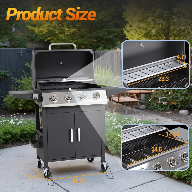 4 Burner Gas Grill with Side Burner, Stainless Steel Foldable Side Tables, 40,000 BTU, with Grease Tray, Easy Assembly for Patio, Backyard (Folding Version) by GreenHaven Gardens