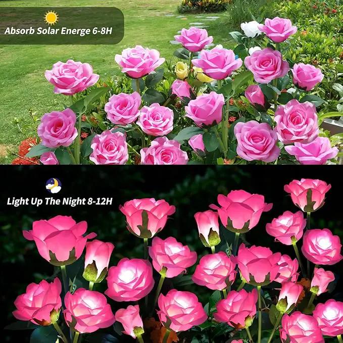 Solar Garden Lights - Realistic 10 Rose Waterproof Solar Powered Flowers for Outside Patio Yard Pathway Decorations, 2 Pack Pink by GreenHaven Gardens