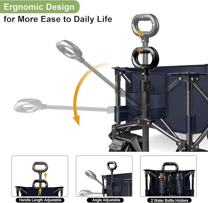 LUXCOL Collapsible Folding Wagon, Heavy Duty Utility Beach Wagon Cart for Sand with Big Wheels, Adjustable Handle&Drink Holders for Shopping, Camping,Garden and Outdoor Dark Blue by GreenHaven Gardens