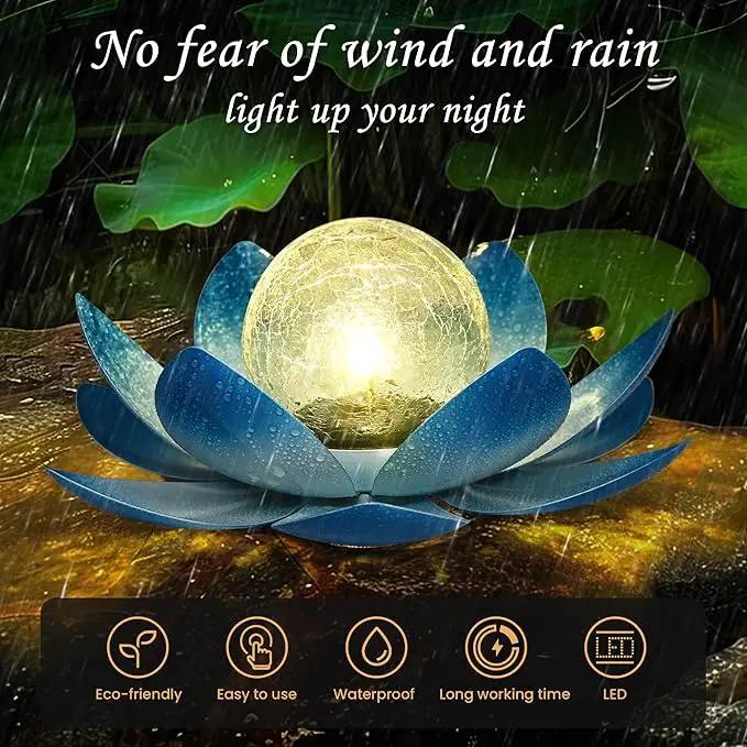 GIGALUMI Solar Light Outdoor Garden Decor, Lotus Flower Light Crackle Globe Glass Lantern Outdoor Table Decor Waterproof for Patio, Lawn, Pathway, Pool, Pond, Christmas Gift (Blue Petal) by GreenHaven Gardens