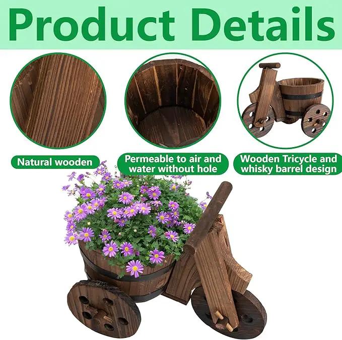 Adnee 2 Pcs Wooden Barrel Tricycle Planter-Rustic Cart Garden Planter Pot-Decorative Raised Barrel Wagon Planter for Indoor Decor Outdoor Patio Lawn Garden Backyard by GreenHaven Gardens