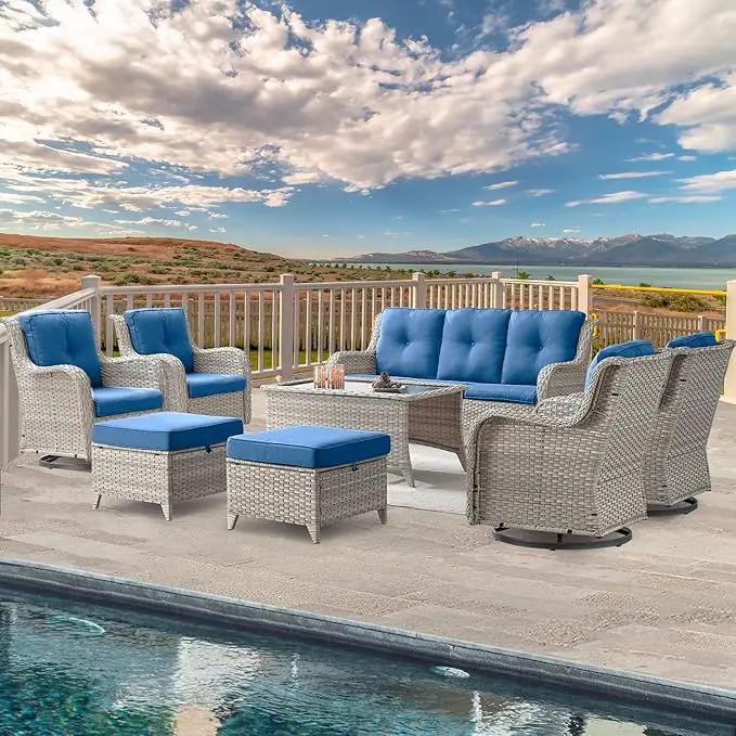 Wicker Patio Furniture Sets - 8 Piece Outdoor Rattan Furniture Conversation Sets with 4 Swivel Rocker Chairs, Rattan Sofa, Wicker Ottomans and Coffee Table, Light Grey/Blue by GreenHaven Gardens