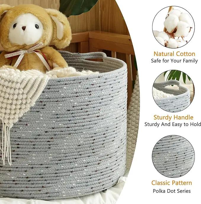 KAKAMAY Large Blanket Basket (20"x13"),Woven Baskets for storage Baby Laundry Hamper, Cotton Rope Blanket Basket for Living Room, Laundry, Nursery, Pillows, Grey with Blue & Brown Dotted by GreenHaven Gardens