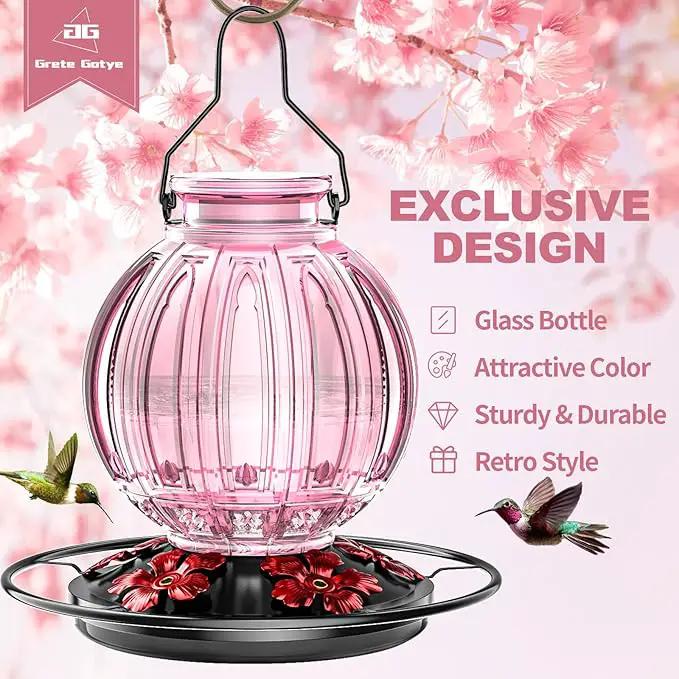 2 Pack Glass Hummingbird Feeder for Outdoors Hanging, Bird Nectar Feeder with Perch & 5 Flower Feeding Ports, 26 Oz Leak Proof for Outside Garden Decor Backyard, Gifts for Women Mom, Red & Pink by GreenHaven Gardens
