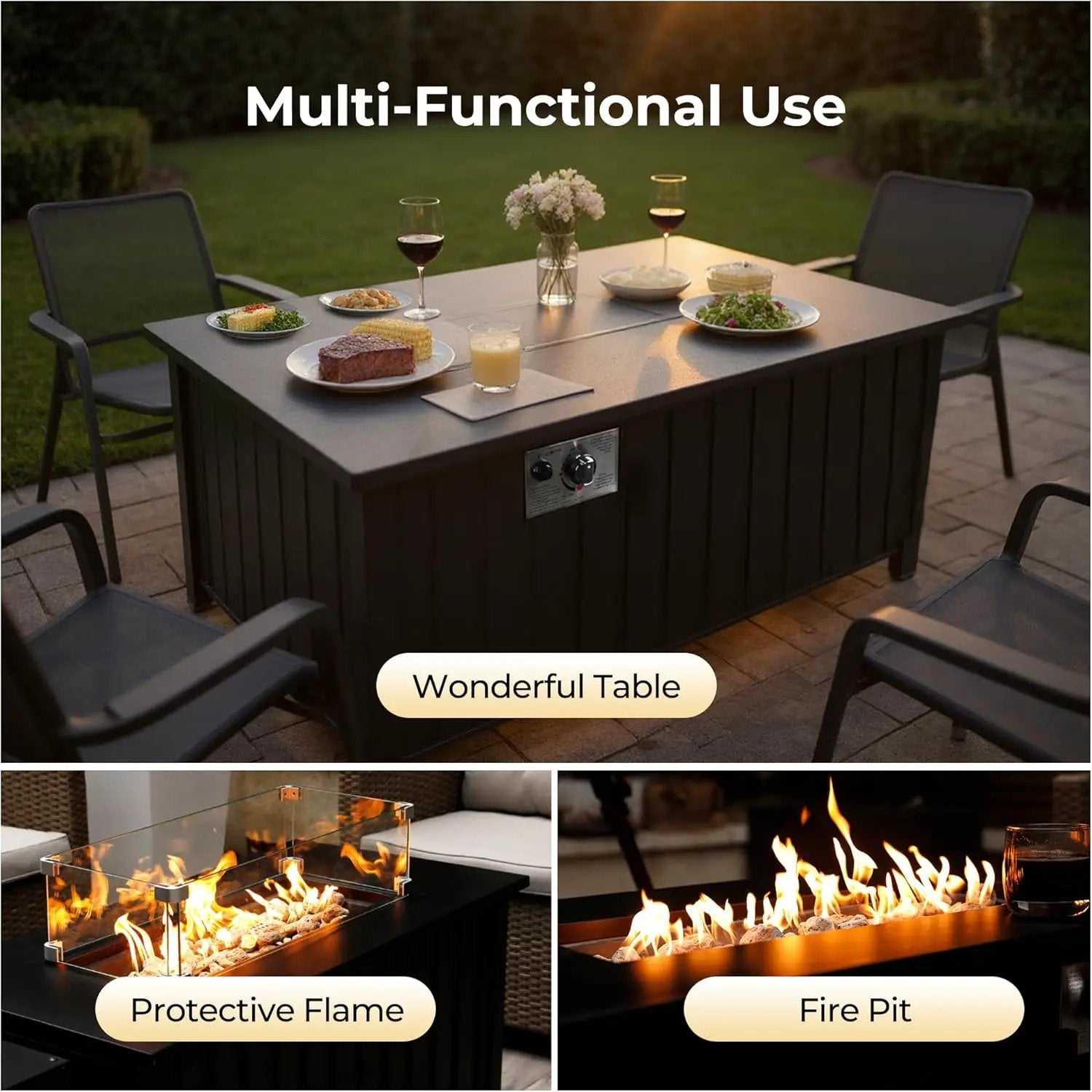 KOL 50,000 BTU Propane Fire Pit Table with Cabinet-39.5in Black Gas Fireplace with Glass Wind Guard & Lid, Outdoor Rectangular Cold Rolled Plate Plastic Spraying Firepits for Patio, Backyard, Balcony by GreenHaven Gardens