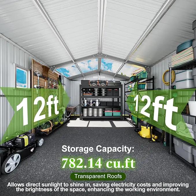 12x10 FT Metal Sheds & Outdoor Storage: Heavy Duty Garden Sheds with Dual Transparent Panels, DIY-installable Windows & Lockable Doors, Weatherproof Tool Shed for Backyard, Garden, Patio, Grey by GreenHaven Gardens