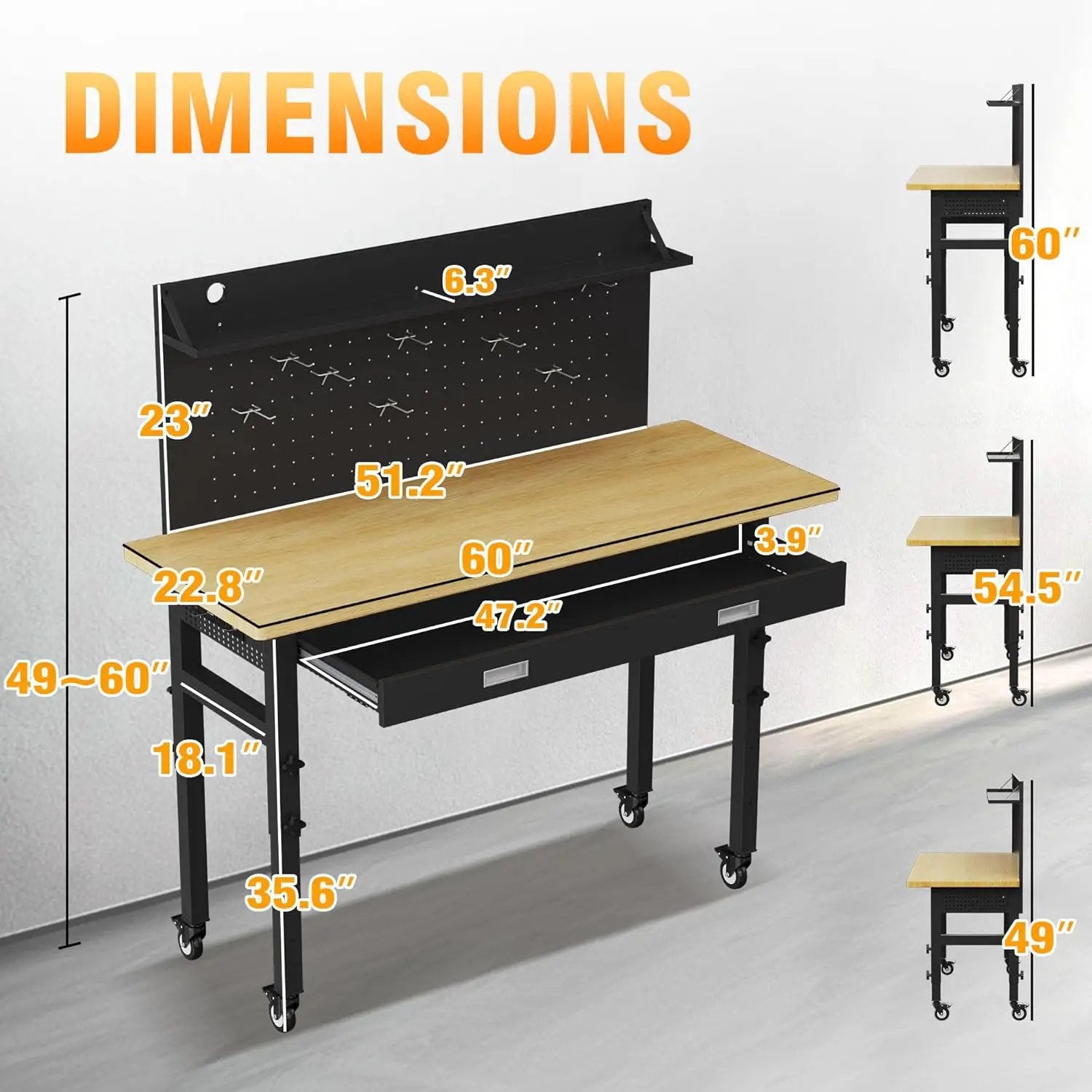 60" Heavy Duty Work Bench with Drawers, Adjustable Height 2000 Lbs Garage Workbench with Pegboard Pad & Power Outlets & Wheels, Mobile Tool Work Table for Workshop Woodworking Home Office by GreenHaven Gardens