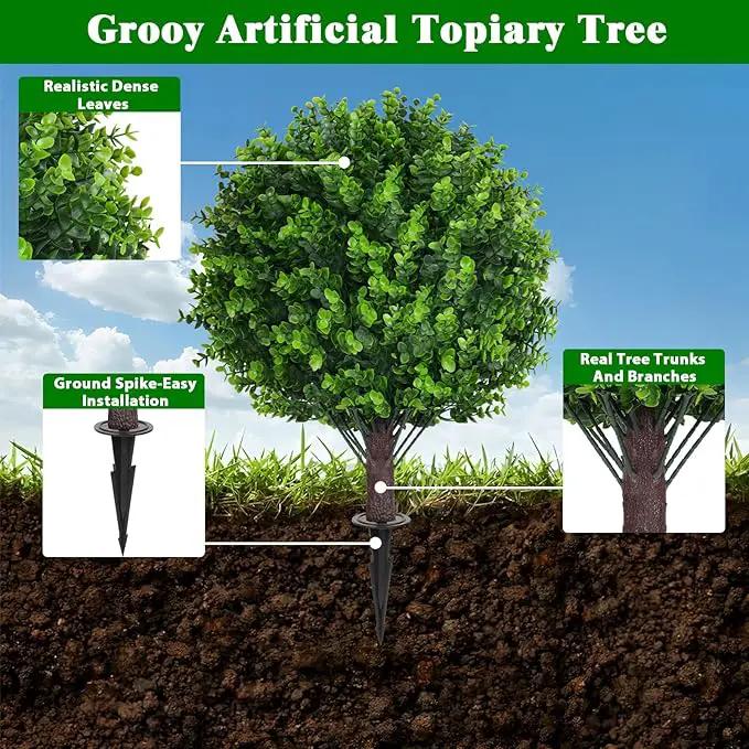 Artificial Topiary Tree with Eucalyptus, Set of 2 Artificial Shrub Bushes with Ground Spike, Fake Evergreen Tree for Porch, Artificial Plants for Outdoor Planters Indoor UV Resistant by GreenHaven Gardens
