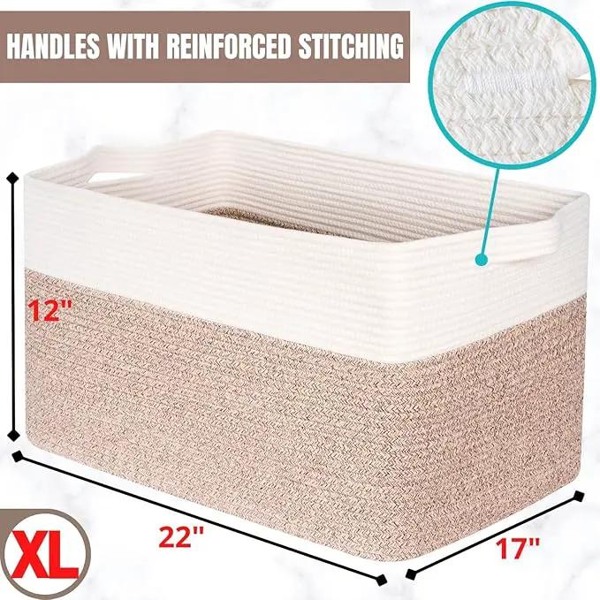 MINTWOOD Design 22in Extra Large Blanket Basket Holder Living Room, Rectangle Rope Woven Storage Basket with Handles for Laundry, Pool Towels, and Shoes, Dog Toy Organizer Bin Box, Light Brown by GreenHaven Gardens