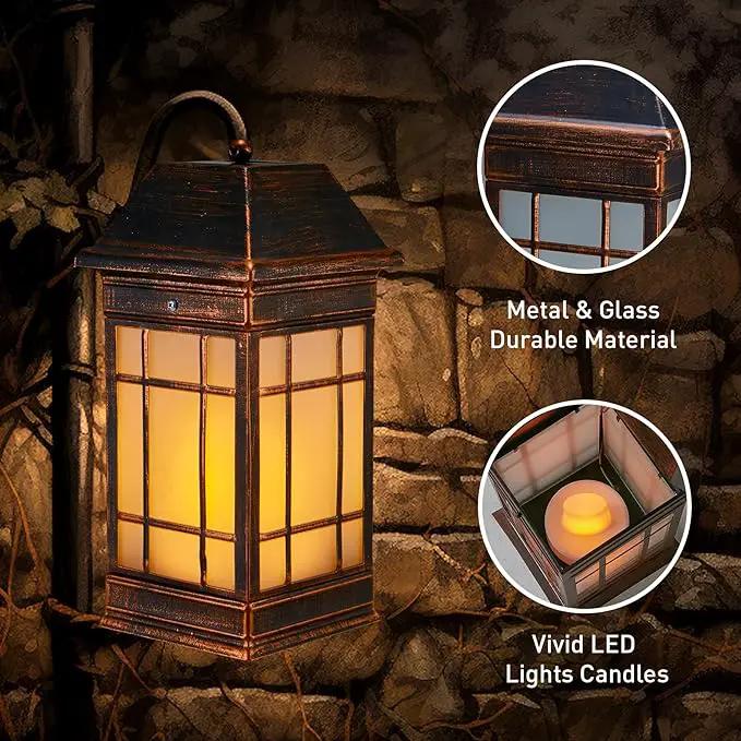 14" Solar Lantern Outdoor Waterproof, Glass Flickering Flame Solar Lanterns, Hanging Metal Lantern Decorative for Patio Front Porch Garden Backyard Tabletop Party Decoration by GreenHaven Gardens