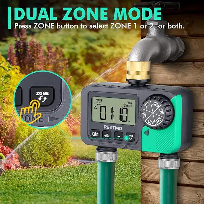 RESTMO Water Timer for Garden Hose, Sprinkler Timer with Brass Inlet, Automatic Digital Control | Manual ON/Off | Rain Delay, for Outdoor Faucet, Drip Irrigation and Lawn, 2 Outlet by GreenHaven Gardens
