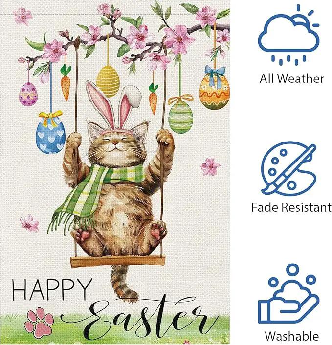 Heyfibro Happy Easter Cute Cat Garden Flag 12x18 Double Sided Burlap, Spring Summer Magnolia Flower Easter Egg Small Yard Banner for Seasonal Holiday Farmhouse Yard Outdoor Decor(ONLY FLAG) by GreenHaven Gardens