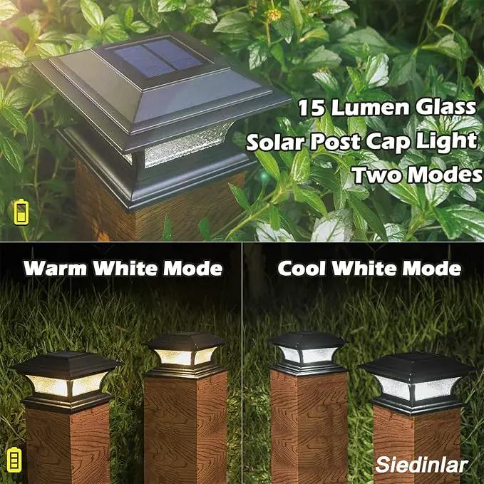SIEDiNLAR Solar Post Lights Outdoor Glass LED Fence Cap Light 2 Modes for 4x4 5x5 6x6 Posts Deck Patio Garden Decoration Warm White/Cool White Lighting Black (4 Pack) by GreenHaven Gardens